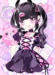 Rule 34 | 1girl, black choker, black dress, black hair, black horns, black wings, blunt bangs, blush, bomb, choker, commentary request, creature, demon horns, demon wings, denonbu, dress, earrings, explosive, frilled dress, frills, hair ornament, hair ribbon, heart, heart earrings, highres, hitsujida, horns, jewelry, looking at viewer, official art, one eye closed, open mouth, pink eyes, pink ribbon, pomemori, puffy short sleeves, puffy sleeves, reml, ribbon, short sleeves, smile, solo, standing, stuffed animal, stuffed toy, tongue, tongue out, twintails, wings