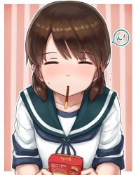 Rule 34 | !, 1girl, blush, border, brown hair, candy, chocolate, closed eyes, collarbone, collared shirt, food, food in mouth, hayashi naoharu, highres, holding, holding food, incoming kiss, kantai collection, looking at viewer, low twintails, mouth hold, neckerchief, parted bangs, pink background, pocky, pocky day, pocky kiss, school uniform, serafuku, shared food, shirayuki (kancolle), shirt, short sleeves, short twintails, solo, striped, striped background, twintails, white border