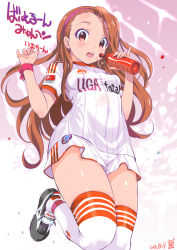 Rule 34 | 1girl, adidas, blush, bottle, brown hair, cleats, fc bayern munchen, german text, hairband, highres, idolmaster, idolmaster (classic), inoue sora, leg up, long hair, looking at viewer, minase iori, open mouth, red eyes, revision, ribbon, shoes, shorts, soccer, soccer uniform, solo, sportswear, sweat, thighhighs, translated, white thighhighs, wrist ribbon