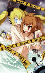 Rule 34 | 4girls, ahoge, altis, attouteki yuugi mugen souls, black wings, blonde hair, blue eyes, blush, breasts, brown eyes, brown hair, caution tape, censored, chou chou tsundere, clenched hand, collarbone, dees vanguard, dutch angle, english text, closed eyes, green hair, groin, hair ribbon, hair up, highres, holding, keep out, long hair, multiple girls, nanameda kei, navel, non-web source, nude, official art, open mouth, outstretched arm, pointy ears, ponytail, ribbon, sandy sunshine, shampuru, twintails, water, white wings, wings