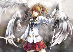 Rule 34 | 1girl, blue eyes, braid, brown hair, highres, kouji (astral reverie), original, ponytail, school uniform, skirt, solo, sword, weapon, wings