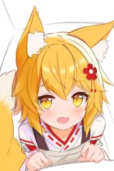 Rule 34 | 1girl, :d, animal ear fluff, animal ears, apron, blonde hair, blush, brown apron, brown eyes, commentary, english commentary, fang, fox ears, fox girl, fox tail, hair between eyes, hands up, hitsukuya, japanese clothes, kimono, long sleeves, looking at viewer, miko, open mouth, red eyes, ribbon trim, senko (sewayaki kitsune no senko-san), sewayaki kitsune no senko-san, skin fang, smile, solo, tail, unfinished, white kimono