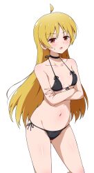 Rule 34 | 1girl, absurdres, ahoge, bare arms, bare shoulders, bikini, black bikini, black choker, blonde hair, bocchi the rock!, breasts, choker, collarbone, commentary, crossed arms, eggman (pixiv28975023), fingernails, front-tie bikini top, front-tie top, halterneck, highres, ijichi seika, light blush, long hair, looking at viewer, nail polish, navel, open mouth, pink nails, red eyes, side-tie bikini bottom, simple background, small breasts, solo, speech bubble, stomach, sweatdrop, swimsuit, white background