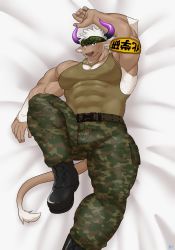 Rule 34 | 1boy, abs, absurdres, arm up, armband, bara, beard, boots, bulge, chest hair, facial hair, full body, furry, furry male, highres, horns, keijimohumohu, large pectorals, lying, male focus, manly, muscular, on back, on bed, oversized object, pants, pectorals, purple eyes, purple horns, shennong (housamo), solo, tail, tank top, thick thighs, thighs, tight clothes, tight pants, tokyo houkago summoners, white hair
