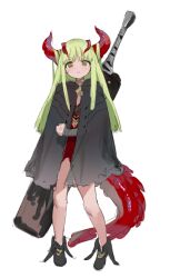 Rule 34 | 1girl, :(, bare legs, black footwear, child, dragon girl, dragon horns, facing viewer, female focus, full body, green eyes, horns, large weapon, looking at viewer, mat, matching hair/eyes, multicolored hair, original, red horns, red tail, scar, scar on face, shisantian, simple background, solo, solo focus, standing, straight-on, streaked hair, tail, white background