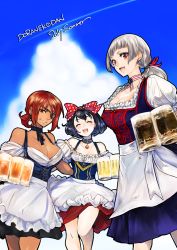 Rule 34 | 2017, 3girls, :d, alcohol, apron, arm around waist, beer, beer mug, black dress, black hair, blue dress, bow, breasts, brown eyes, brown hair, character request, choker, cleavage, cloud, cloudy sky, commentary request, corset, cup, dark skin, dark-skinned female, day, dirndl, doraeshi, dress, earrings, english text, engrish text, eyepatch, closed eyes, german clothes, grin, hair bow, hair tie, highres, holding, jewelry, looking at viewer, medium breasts, mug, multiple girls, open mouth, outdoors, panties, pendant, polka dot, polka dot panties, ponytail, ranguage, red bow, red dress, red eyes, short ponytail, silver hair, sky, smile, standing, underwear, waist apron, white apron, wonderland wars
