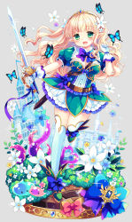 Rule 34 | 1girl, animal, belt, belt buckle, blonde hair, blue bow, blue gemstone, boots, bow, breasts, brown belt, buckle, bug, butterfly, castle, commentary request, copyright request, flower, full body, gem, gloves, green footwear, green shirt, hair flower, hair ornament, hand up, highres, holding, holding sword, holding weapon, insect, long hair, medium breasts, multicolored hair, pointy ears, puffy short sleeves, puffy sleeves, purple bow, sakurazawa izumi, shirt, short sleeves, skirt, slime (creature), solo, standing, standing on one leg, sword, thighhighs, thighhighs under boots, tiara, tower, two-tone hair, very long hair, weapon, white flower, white gloves, white skirt, white thighhighs