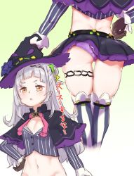 Rule 34 | 1girl, ass, blunt bangs, capelet, crop top, green background, hand on own hip, hat, highres, hololive, long hair, midriff, murasaki shion, murasaki shion (1st costume), panties, purple panties, silver hair, simple background, skindentation, solo, thick eyebrows, thigh strap, thighhighs, thighs, underwear, upskirt, utsusumi kio, virtual youtuber, witch hat, yellow eyes