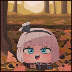 Rule 34 | 1girl, :3, acorn, autumn leaves, black bow, black hairband, blue eyes, blush, bob cut, bow, bow hairband, candy, chocolate, chocolate bar, commentary request, food, forest, full body, ginkgo leaf, hairband, highres, konpaku youmu, leaf, maple leaf, medium bangs, nature, open mouth, pinecone, psychic parrot, short hair, smile, solo, textless version, touhou, tree, white hair, yukkuri shiteitte ne