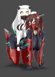 Rule 34 | 10s, 2girls, abyssal ship, bdsm, black bodysuit, bodysuit, bondage, bondage outfit, boots, bound, breasts, brown hair, gag, gagged, hair ornament, hanging breasts, high heel boots, high heels, horns, kantai collection, large breasts, latex, long hair, maron (kagamikunn), masked, mittens, multiple girls, northern ocean princess, orange eyes, horse girl, pony play, ponytail, purple eyes, riding, very long hair, white hair, yamato (kancolle)