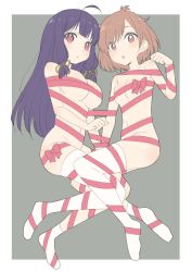 Rule 34 | 2girls, absurdres, ahoge, asymmetrical legwear, border, breasts, brown eyes, brown hair, copyright request, donguri suzume, grey background, highres, large breasts, long hair, looking at viewer, multiple girls, naked ribbon, parted lips, paw pose, purple hair, red eyes, red ribbon, ribbon, short hair, simple background, single sock, single thighhigh, small breasts, socks, thighhighs, uneven legwear, white border, white legwear