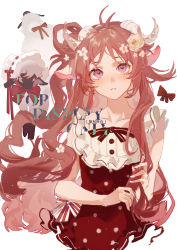 Rule 34 | 1girl, 9degree, absurdres, alternate costume, animal, animal ears, antenna hair, arknights, bow, bowtie, brown hair, commentary, cropped torso, dress, eyjafjalla (arknights), flower, hair flower, hair ornament, highres, horns, long hair, looking at viewer, parted lips, pink eyes, red bow, red bowtie, red dress, sheep, sheep ears, sheep girl, sheep horns, simple background, solo, straight-on, symbol-only commentary, upper body, white background, white flower