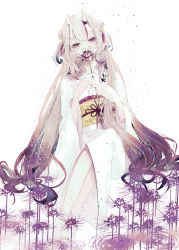 Rule 34 | 1girl, absurdres, covering own mouth, flower, gradient hair, hair between eyes, hair ornament, highres, holding, holding flower, hololive, horn ornament, horn ribbon, horns, huge filesize, japanese clothes, kimono, long hair, looking at viewer, multicolored hair, nakiri ayame, obi, oni, red eyes, red hair, ribbon, sash, seikai meguru, silver hair, skin-covered horns, solo, spider lily, twintails, virtual youtuber, white kimono