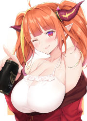 Rule 34 | 1girl, ahoge, bare shoulders, blunt bangs, blush, breasts, camisole, can, cleavage, collarbone, dragon girl, dragon horns, hair intakes, highres, hololive, horns, jacket, kiryu coco, kiryu coco (loungewear), large breasts, long hair, long sleeves, looking at viewer, mushi024, off shoulder, one eye closed, orange hair, pointy ears, red eyes, red jacket, see-through, sidelocks, simple background, smile, solo, twintails, virtual youtuber, white camisole