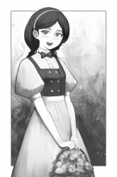 Rule 34 | 1girl, absurdres, bow, braid, dress, greyscale, hairband, highres, looking at viewer, monochrome, open mouth, original, puffy sleeves, smile, standing, swept bangs, tana m