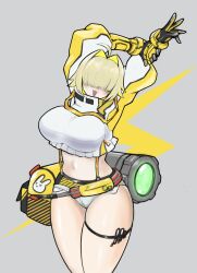 Rule 34 | 1girl, :3, ahoge, arms up, blonde hair, breasts, cropped jacket, curvy, elegg (nikke), fang, goddess of victory: nikke, grey background, hair intakes, hair over eyes, highres, jacket, large breasts, long sleeves, looking at viewer, mas square, micro shorts, multicolored hair, navel, open mouth, purple eyes, short hair, short shorts, shorts, smile, solo, stretching, thick thighs, thigh strap, thighs, white jacket, wide hips