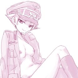 Rule 34 | 1girl, breasts, erwin (girls und panzer), girls und panzer, goggles, goggles on headwear, hat, jacket, medium breasts, military hat, monochrome, navel, nipples, open clothes, open jacket, peaked cap, pointy hair, short hair, solo, sonasiz
