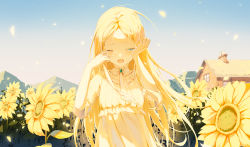Rule 34 | 1girl, absurdres, blonde hair, blue eyes, blush, colored skin, crying, crying with eyes open, day, dress, field, flower, flower field, frilled shirt collar, frills, highres, house, long hair, one eye closed, open mouth, original, outdoors, parted bangs, petals, short sleeves, sky, solo, standing, starlan, sunflower, sunflower field, tears, upper body, very long hair, wiping tears, yellow dress, yellow flower, yellow skin, yellow theme