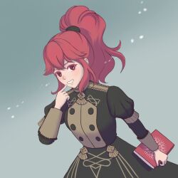 Rule 34 | 1girl, anna (fire emblem), black skirt, book, commentary request, finger to mouth, fire emblem, fire emblem: three houses, garreg mach monastery uniform, grin, hair between eyes, highres, holding, holding book, nintendo, ponytail, puffy sleeves, red eyes, red hair, shirotsuki2022, sidelocks, skirt, smile, solo
