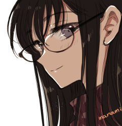 Rule 34 | 1girl, black-framed eyewear, blush, brown hair, brown sweater, closed mouth, commentary, from side, glasses, grey eyes, hair between eyes, himawari-san, himawari-san (character), long hair, looking at viewer, portrait, signature, simple background, smile, solo, sugano manami, sweater, turtleneck, turtleneck sweater, white background