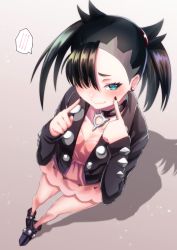 Rule 34 | 1girl, absurdres, aqua eyes, asymmetrical bangs, asymmetrical hair, black hair, black jacket, blush, breasts, choker, cleavage, closed mouth, creatures (company), dress, earrings, embarrassed, from above, full body, game freak, hair over one eye, half-closed eye, highres, jacket, jewelry, marnie (pokemon), nail polish, nervous smile, nintendo, open clothes, open jacket, pink dress, pokemon, pokemon swsh, reon (dainagon azuki), shadow, short twintails, small breasts, smile, solo, spoken blush, standing, thought bubble, twintails
