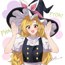 Rule 34 | 1girl, artist name, black hat, black vest, blonde hair, blush, braid, commentary, enoki 3106, hat, highres, kirisame marisa, long hair, open mouth, rabbit pose, red eyes, shirt, short sleeves, signature, single braid, smile, solo, touhou, unfinished dream of all living ghost, upper body, vest, white shirt, witch hat