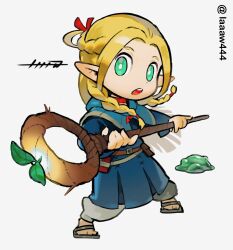 Rule 34 | 1girl, aiming, aiming at viewer, belt pouch, blonde hair, blue capelet, blue robe, braid, capelet, chibi, choker, dungeon meshi, elf, floating hair, full body, green eyes, hair ribbon, half updo, holding, holding staff, hood, hood down, hooded capelet, laaaw444, long hair, long sleeves, looking at viewer, marcille donato, open mouth, pants, parted bangs, pointy ears, pouch, red ribbon, ribbon, robe, sandals, side braid, simple background, slime (creature), solo, sprout, staff, standing, twitter username, white background, white pants