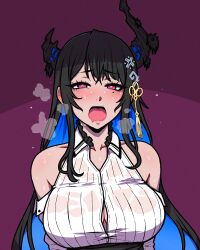 Rule 34 | 1girl, akairiot, asymmetrical horns, bare shoulders, black hair, blue hair, breasts, button gap, colored inner hair, commentary, demon horns, english commentary, hair ornament, heavy breathing, highres, hololive, hololive english, horns, large breasts, long hair, looking at viewer, mole, mole under eye, multicolored hair, nerissa ravencroft, nerissa ravencroft (1st costume), open mouth, red eyes, shirt, simple background, solo, sweat, two-tone hair, uneven horns, virtual youtuber, wet, wet clothes, wet shirt
