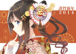 Rule 34 | 10s, 1girl, 2014, black hair, blue eyes, blunt bangs, blush, finger to own chin, floral print, flower, hair ornament, hairclip, japanese clothes, kimono, long hair, looking at viewer, new year, original, ponytail, portrait, profile, ribbon, shirabi, smile, solo