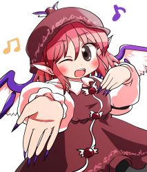 Rule 34 | 1girl, beamed quavers, bird wings, brown eyes, feathered wings, fingernails, hat, hat feather, highres, long fingernails, musical note, mystia lorelei, nail polish, one eye closed, pink hair, purple nails, quaver, rokugou daisuke, sharp fingernails, solo, touhou, wings