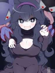 Rule 34 | 1girl, @ @, absurdres, alternate breast size, black dress, breasts, cleavage, creatures (company), dress, game freak, gastly, gen 1 pokemon, hairband, haunter, hex maniac (pokemon), highres, large breasts, long dress, messy hair, nintendo, pokemon, pokemon (creature), pokemon xy, purple eyes, purple hair, purple hairband, solo, totallyiryanic