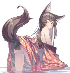 Rule 34 | 1girl, all fours, animal ear fluff, animal ears, ass, bare shoulders, black panties, blush, brown eyes, brown hair, clothes lift, fox ears, fox girl, fox tail, from behind, highres, japanese clothes, kimono, kimono lift, long hair, looking at viewer, looking back, off shoulder, original, panties, red kimono, shiro youduki, solo, tail, thighs, underwear, water, wet, wet kimono