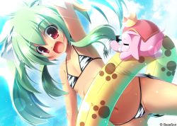 Rule 34 | 1girl, absurdres, animal ears, arm up, armpits, bikini, cameltoe, cat ears, cleft of venus, earrings, elephant, fang, flat chest, floatation devices, green hair, highres, innertube, jewelry, koihime musou, kuwada yuuki, long hair, moukaku, navel, open mouth, red eyes, smile, solo, swim ring, swimsuit, tail, twintails, waving