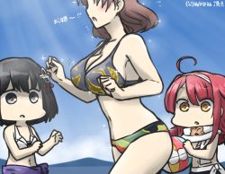 Rule 34 | 3girls, ahoge, ball, beachball, bikini, black hair, blank eyes, blue sky, blush, breast envy, breasts, brown eyes, brown hair, chiyoda (kancolle), commentary request, dated, day, haguro (kancolle), hair ornament, hamu koutarou, kantai collection, kawakaze (kancolle), large breasts, multiple girls, red hair, sarong, scarf, shaded face, short hair, sky, sparkle, swimsuit