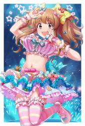 Rule 34 | 1girl, :3, arm up, blue bow, blue ribbon, blurry, blurry foreground, blush, bow, breasts, brown eyes, brown hair, cake, candy, cherry, cookie, cowboy shot, crop top, cropped shirt, dot nose, dress bow, food, frilled shirt, frilled skirt, frilled thighhighs, frills, fruit, glint, glowstick, green ribbon, hair bow, hair ornament, hair ribbon, hand up, heart, highres, holding, holding microphone, idolmaster, idolmaster cinderella girls, idolmaster cinderella girls starlight stage, kakaobataa, large breasts, layered skirt, leg up, lollipop, long hair, looking at viewer, m/, microphone, midriff, moroboshi kirari, multicolored clothes, multicolored skirt, navel, open mouth, pink ribbon, pink shirt, pink thighhighs, polka dot, polka dot bow, polka dot skirt, rabbit, red ribbon, ribbon, ribbon-trimmed clothes, ribbon trim, scrunchie, shirt, shoes, short sleeves, skirt, smile, solo, stage, stage lights, standing, standing on one leg, star (symbol), star hair ornament, strawberry, striped clothes, striped shirt, striped thighhighs, thighhighs, twintails, white footwear, wrist scrunchie, yellow ribbon, zettai ryouiki