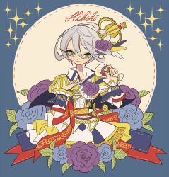 Rule 34 | 1girl, androgynous, blue flower, blue rose, character name, commentary request, cropped legs, crown, epaulettes, flower, green eyes, grey hair, hair between eyes, hand on own chest, holding, holding microphone, idol clothes, jacket, long sleeves, looking at viewer, meremero, microphone, open mouth, pretty series, pripara, purple flower, purple rose, reverse trap, rose, shikyoin hibiki, short hair, skirt, smile, solo, sparkle, white jacket, white skirt