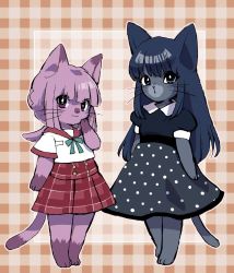 Rule 34 | 2girls, :o, animal ears, animal feet, animal hands, animal nose, aqua ribbon, arms at sides, black dress, blue eyes, blue hair, blunt bangs, braid, breast pocket, brown background, buttons, cat ears, cat tail, closed mouth, collared dress, dress, full body, furrification, furry, furry female, hand up, highres, kamihama university affiliated school uniform, long hair, magia record: mahou shoujo madoka magica gaiden, mahou shoujo madoka magica, medium hair, miniskirt, multiple girls, nanami yachiyo, neck ribbon, no shoes, outline, pink eyes, pink fur, pink hair, plaid, plaid background, plaid skirt, pocket, polka dot, polka dot dress, ponytail, puffy short sleeves, puffy sleeves, red sailor collar, red skirt, ribbon, sailor collar, sailor shirt, school uniform, serafuku, shirt, short sleeves, side braid, sidelocks, skirt, smile, standing, straight hair, tail, tamaki iroha, uwded 207, whiskers, white outline, white shirt