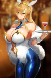 Rule 34 | 1girl, absurdres, ahoge, aji (sakanaaj1), alcohol, animal ears, artoria pendragon (all), artoria pendragon (fate), artoria pendragon (swimsuit ruler) (fate), bare shoulders, blue neckwear, blue pantyhose, braid, breasts, cleavage, closed mouth, clothing cutout, commentary request, crown, cup, detached collar, drinking glass, fake animal ears, fate/grand order, fate (series), feather boa, fishnet pantyhose, fishnets, french braid, green eyes, hair between eyes, high ponytail, highleg, highleg leotard, highres, holding, holding tray, huge breasts, leotard, looking at viewer, navel cutout, pantyhose, playboy bunny, rabbit ears, smile, tray, white leotard, wine glass, wrist cuffs