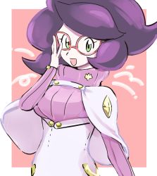 Rule 34 | 1girl, :d, adjusting clothes, adjusting legwear, big hair, breasts, buttons, capelet, creatures (company), diamond (shape), game freak, glasses, green eyes, highres, large breasts, long sleeves, looking at viewer, nintendo, no eyebrows, open mouth, pink-framed eyewear, pink sweater, pokemon, pokemon sm, purple hair, ribbed sweater, short hair, skirt, sleeves past wrists, smile, solo, standing, suzuki zentarou, sweater, tareme, turtleneck, upper body, white skirt, wicke (pokemon)