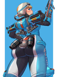 Rule 34 | 1girl, animification, apex legends, artist name, ass, assault rifle, blue background, blue bodysuit, blue gloves, blush, bodysuit, electricity, gloves, goggles, goggles on headwear, gun, helmet, highres, looking back, mutturi mamer18, official alternate costume, pillarboxed, r-301 carbine, rifle, smile, solo, trigger discipline, wattson (apex legends), weapon, white helmet, wired for speed wattson