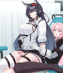 Rule 34 | 1boy, 1girl, :q, absurdres, animal ears, ansel (arknights), arknights, asymmetrical legwear, black gloves, black hair, black skirt, black thighhighs, blaze (arknights), blue eyes, blush, bottomless, breasts, censored, closed mouth, commentary, english commentary, girl on top, gloves, hairband, hetero, highres, imminent penetration, indoors, jacket, kanta (kanta 077), large breasts, long sleeves, looking at viewer, lying, mosaic censoring, on back, partially unzipped, penis, pink hair, red eyes, red hairband, sitting, skirt, smile, thigh sex, thigh strap, thighhighs, thighs, tongue, tongue out, wariza, white gloves, white jacket, white thighhighs