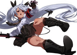 1girl black_footwear black_skirt blue_archive bolt_action boots commentary dark-skinned_female dark_skin fu-ta gun holding holding_gun holding_weapon iori_(blue_archive) long_hair looking_at_viewer mauser_98 open_mouth panties pantyshot pointy_ears red_eyes rifle shirt simple_background skirt solo twintails underwear weapon white_background white_panties white_shirt