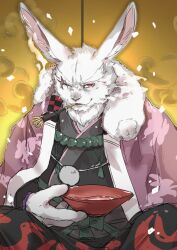 Rule 34 | 1boy, absurdres, alcohol, animal ears, ao gravity, choko (cup), commentary request, cup, furry, furry male, highres, japanese clothes, kimono, looking at viewer, male focus, open mouth, rabbit boy, rabbit ears, red eyes, sake, scar, scar across eye, shangri-la frontier, smoke, smoking pipe, vysache (shangri-la frontier)