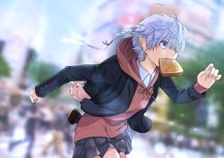 Rule 34 | 1girl, alisaie leveilleur, backpack, bag, black jacket, blue eyes, blurry, blurry background, braid, bread slice, collared shirt, commentary request, cowboy shot, day, dutch angle, ear piercing, earrings, elezen, elf, final fantasy, final fantasy xiv, food, food in mouth, hair over one eye, hood, hoodie, jacket, jewelry, light particles, long hair, long sleeves, mouth hold, one eye covered, outdoors, piercing, plaid, plaid skirt, pleated skirt, pointy ears, purple skirt, red hoodie, running, school uniform, shirt, single braid, skirt, solo, stud earrings, toast, toast in mouth, white hair, yanase eiwa