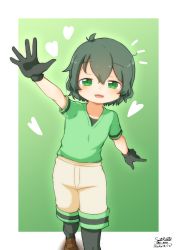 Rule 34 | 1girl, :d, alternate color, alternate eye color, arm up, bad id, bad pixiv id, black gloves, black hair, black pantyhose, brown footwear, commentary request, dated, gloves, green background, green eyes, green shirt, hair between eyes, heart, kaban (kemono friends), kemono friends, pantyhose under shorts, looking at viewer, open mouth, outstretched arm, pantyhose, sateraito1024, shirt, shoes, short hair, short sleeves, shorts, signature, simple background, smile, solo, twitter username, white shorts