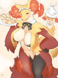 Rule 34 | 2girls, :3, absurdres, animal ears, animal nose, arms up, artist name, bikini, bikini top only, black bikini, black bow, black bowtie, black fur, blush, body fur, bow, bowtie, braixen, breasts, closed mouth, cookie, creatures (company), dated, delphox, detached collar, female focus, flying sweatdrops, food, fox ears, fox girl, fox tail, furry, furry female, game freak, gen 6 pokemon, half-closed eye, hand on own hip, hand up, happy, highres, holding, holding food, holding plate, large breasts, looking at viewer, maid headdress, multicolored fur, multiple girls, nintendo, one eye closed, open mouth, outline, plate, poke ball theme, pokemon, pokemon (creature), red eyes, red fur, signature, simple background, smile, snout, solo focus, standing, steam, swimsuit, tail, teapot, thighs, tubasa (tubasa71616859), white bow, white bowtie, white fur, white outline, wide-eyed, wink, yellow background, yellow fur