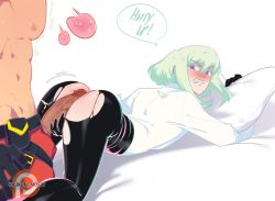 Rule 34 | 2boys, bed, blush, buttjob, clothed sex, galo thymos, green hair, guided penetration, imminent anal, imminent penetration, kukumomo, lio fotia, multiple boys, penis, promare, purple eyes, topless male, torn clothes, yaoi