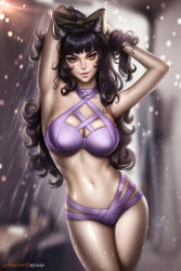 Rule 34 | 1girl, animal ears, armpits, arms behind head, arms up, ayya sap, bikini, black hair, blake belladonna, blurry, blurry background, bow, breasts, cat ears, cleavage, curly hair, hair bow, halterneck, large breasts, lips, long hair, looking at viewer, navel, nipples, parted lips, rwby, smile, solo, swimsuit, wet, yellow eyes