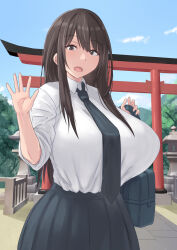 Rule 34 | 1girl, :o, bag, black eyes, black hair, black necktie, black skirt, blue sky, breasts, cloud, collared shirt, commentary request, day, hair ornament, highres, huge breasts, long hair, looking at viewer, mountain, mountainous horizon, natsuishi nana, necktie, open mouth, original, outdoors, pleated skirt, school bag, school uniform, shirt, shirt tucked in, shrine, sidelocks, skirt, sky, solo, tented shirt, torii, tree, waving, white shirt