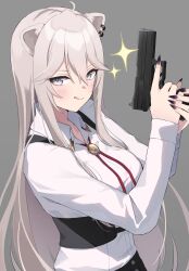Rule 34 | 1girl, absurdres, ahoge, animal ear piercing, animal ears, black nails, blush, bolo tie, breasts, closed mouth, collared shirt, commentary, corset, cowboy shot, dress shirt, fingernails, from side, grey background, grey eyes, grey hair, gun, hair between eyes, handgun, highres, holding, holding gun, holding weapon, hololive, licking lips, lion ears, long hair, long sleeves, looking at viewer, medium breasts, nail polish, official alternate costume, sharp fingernails, shirt, shirt tucked in, shishiro botan, shishiro botan (button-down), shumpi, sidelocks, simple background, smile, solo, sparkle, standing, suspenders, tongue, tongue out, trigger discipline, underbust, very long hair, virtual youtuber, weapon, white shirt, wing collar
